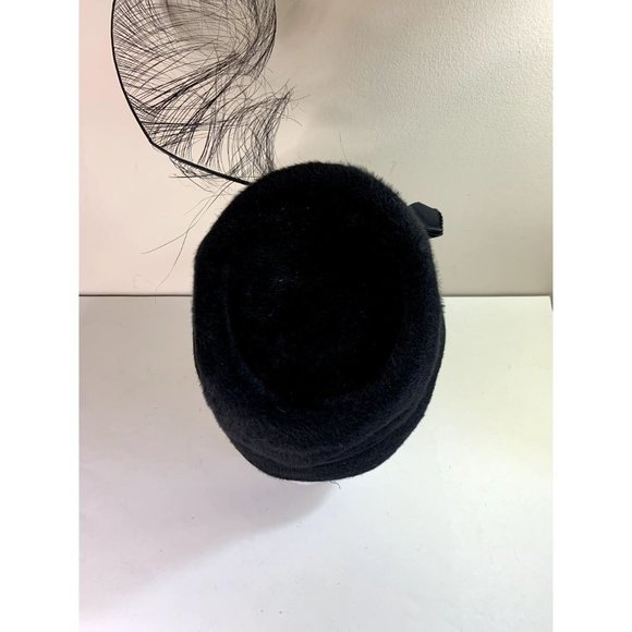 Vintage 40s Wool Cloche Bell Hat Velvet Trim Feather Black